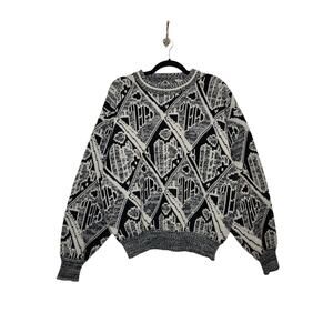 Vintage Sweater 80s 90s Grandpa Abstract Grunge Art Black White Lg Permit